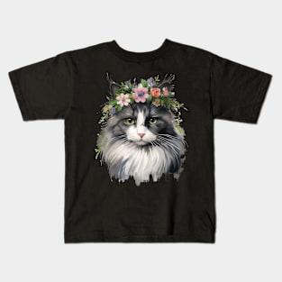 Cat Flowers Water Color Cat Mom Mother's Day Gift Kids T-Shirt